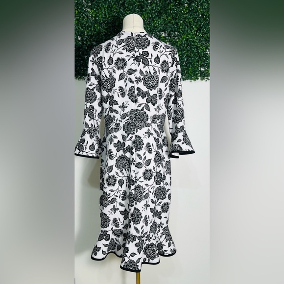 Nanette Lepore White Black Floral 3/4 Bell Sleeve Midi Dress Size 10 - Picture 2 of 12